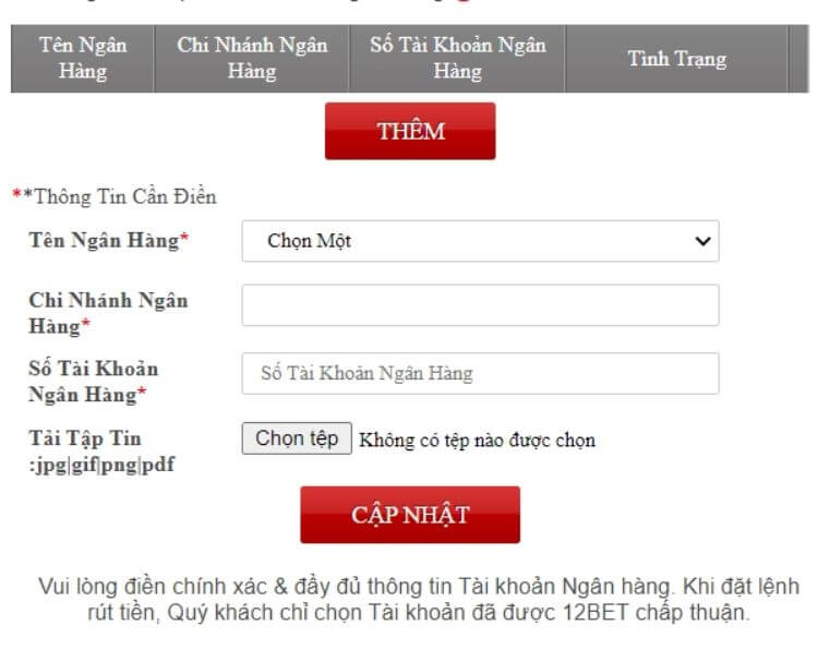 cập nhật tài khoản ngân hàng