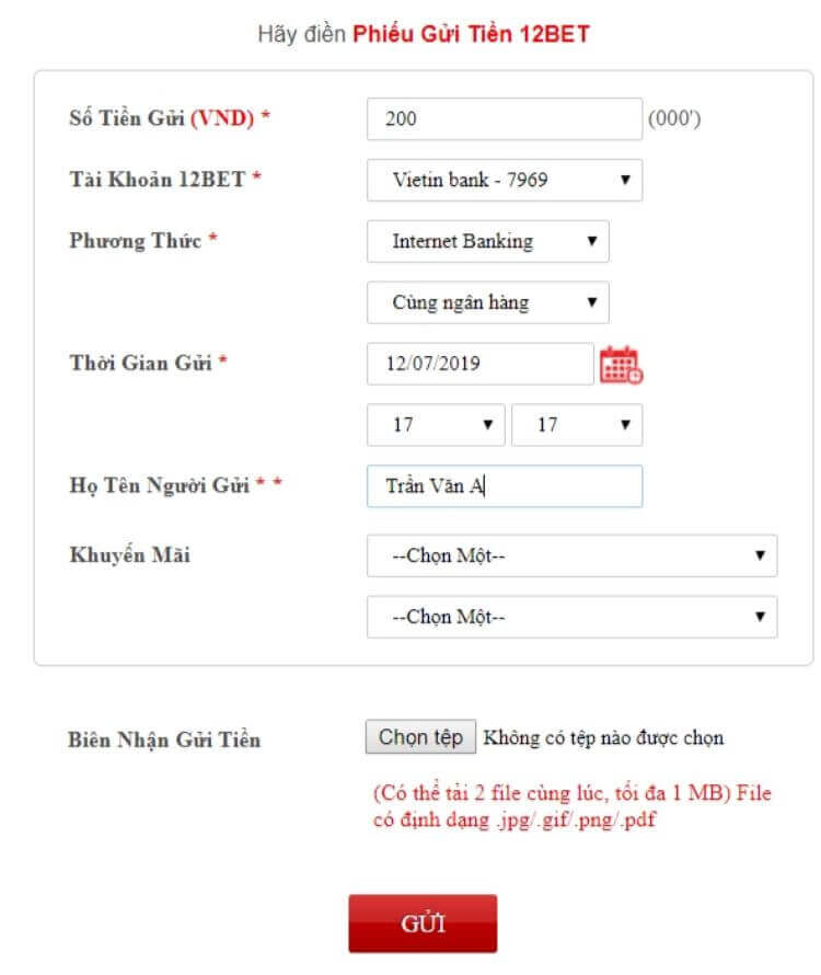 gửi tiền 12bet