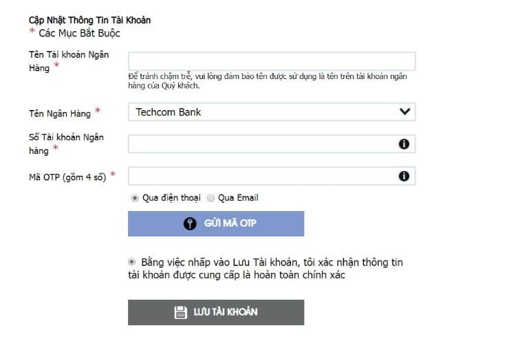 cập nhật tài khoản ngân hàng M88