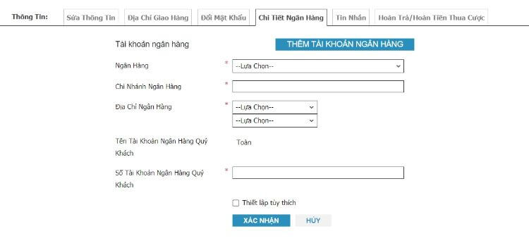 cập nhật thông tin tài khoản ngân hàng