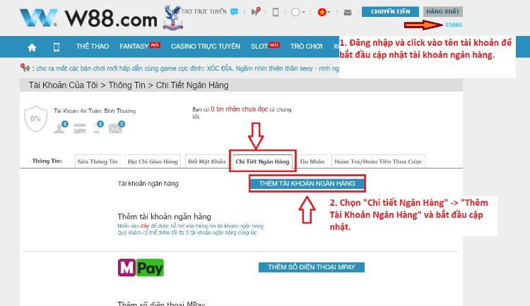 cập nhật thông tin tài khoản ngân hàng
