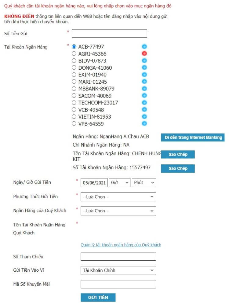 gửi tiền W88