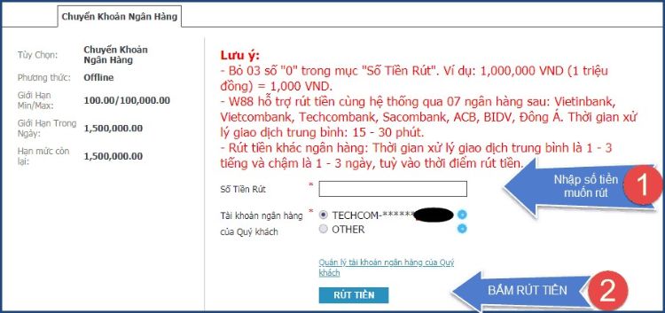 rút tiền qua chuyển khoản ngân hàng
