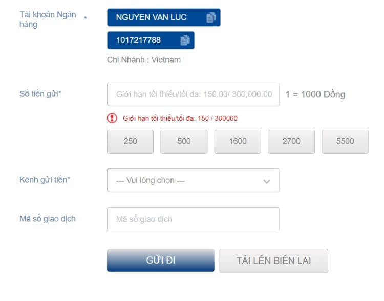 điền thông tin gửi tiền