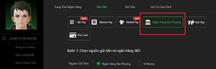 phương thức gửi tiền nhà cái JBO