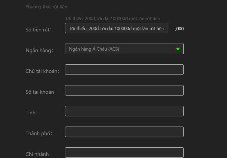 điền thông tin rút tiền